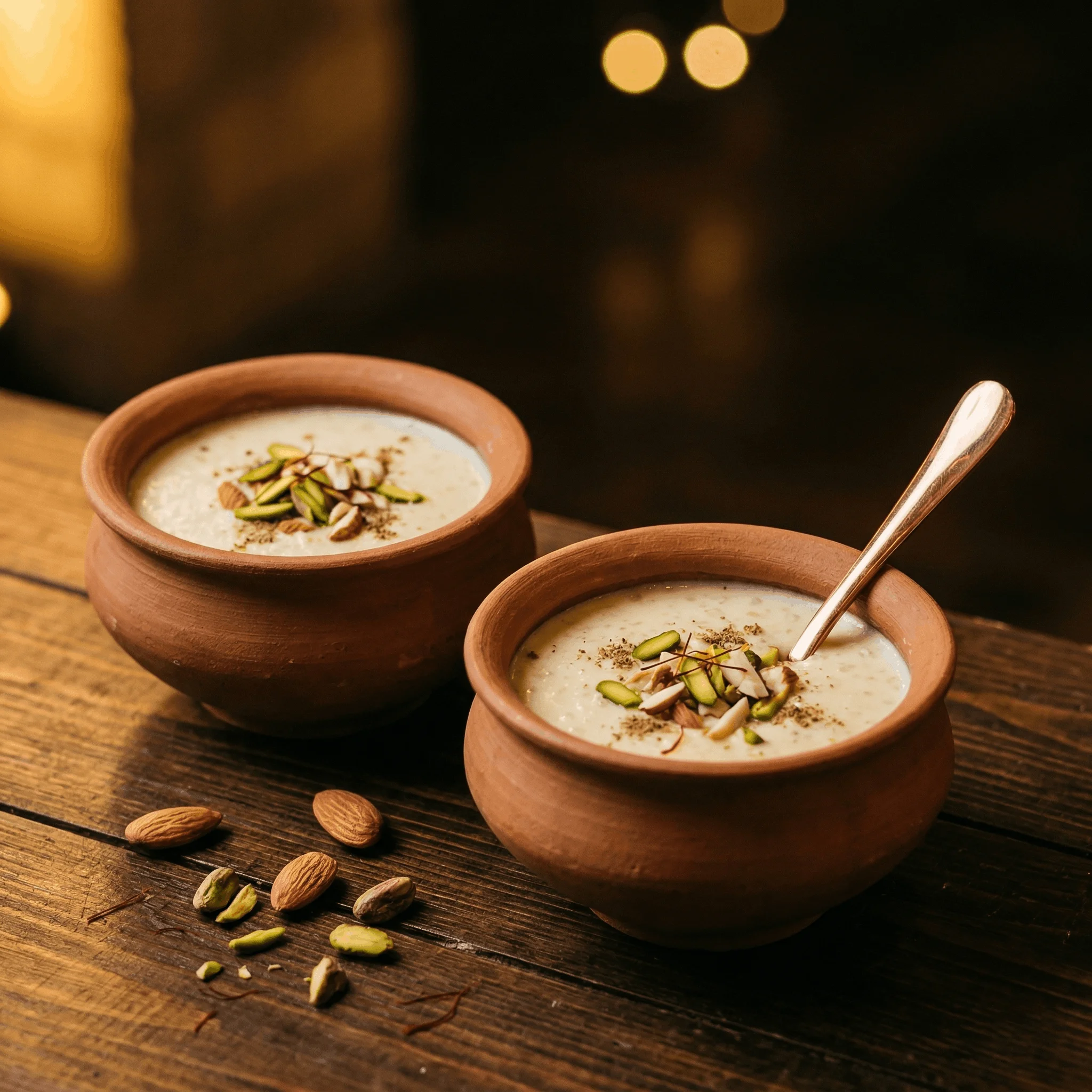Traditional clay pots filled with kheer and garnished with nuts